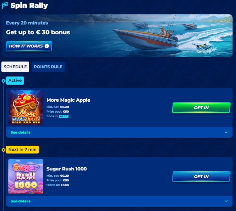 Classement de Spin Rally de BassBet et statistiques récentes des gros gains.